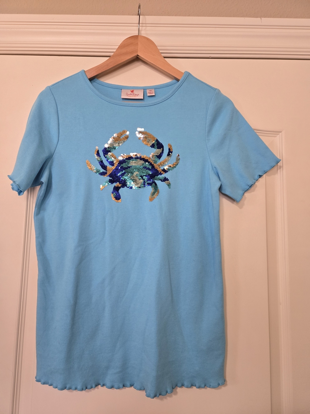 Quacker Factory Sky Blue Short Sleeve Tee with Sequin Crab Motif